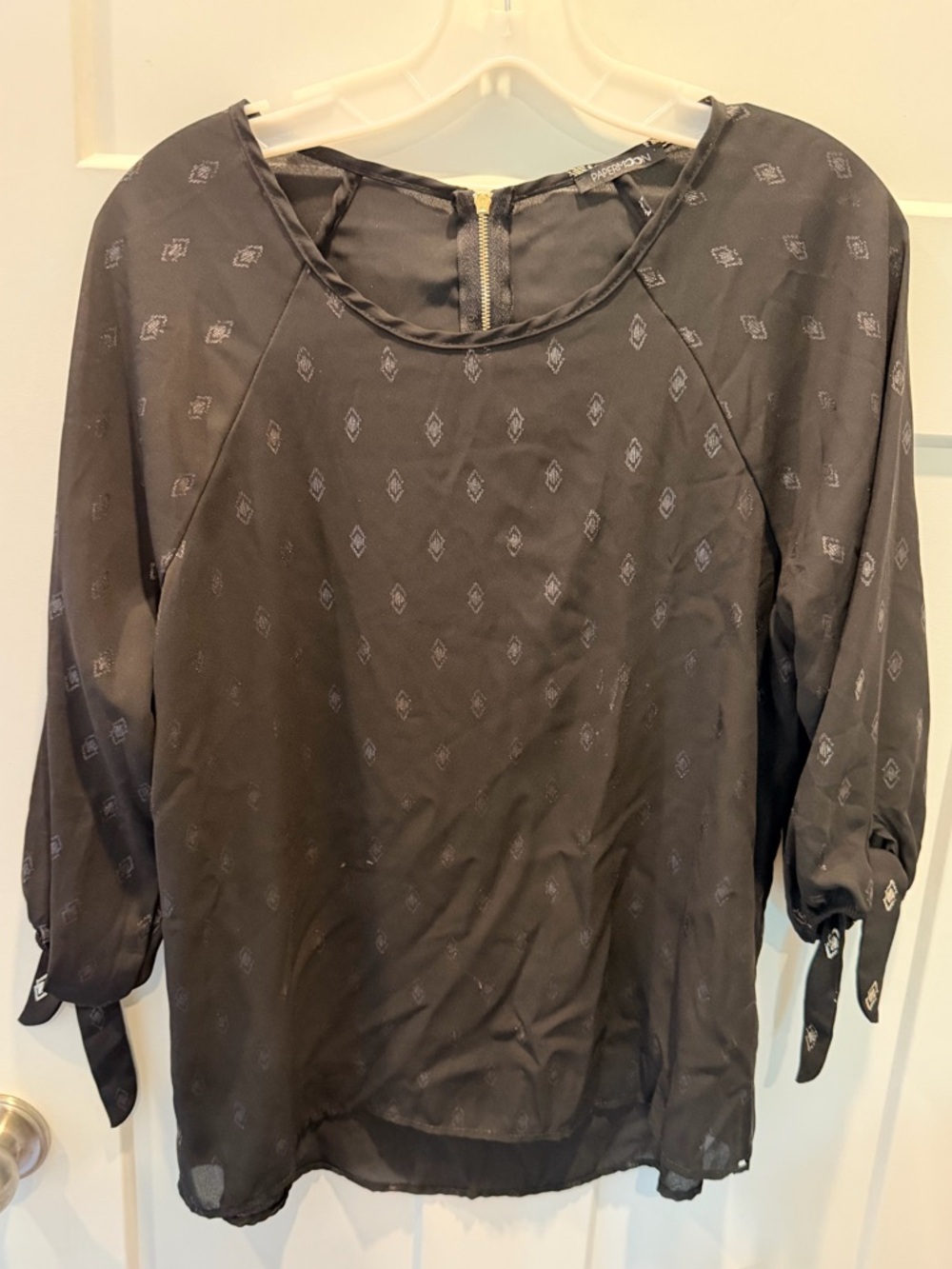 Paper Moon Sheer Black Blouse Medium Tie Sleeve Lightweight Patterned Top